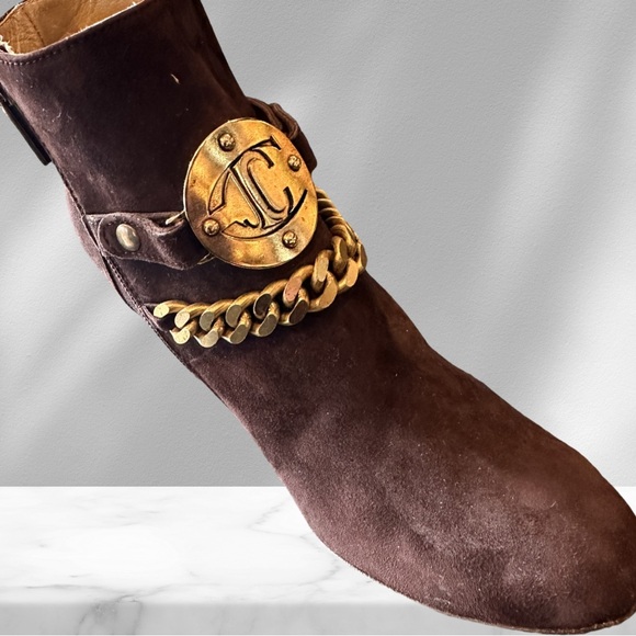 Roberto Cavalli Brown Suede Chain Detail Ankle Boots NWOT 38 - Picture 2 of 9